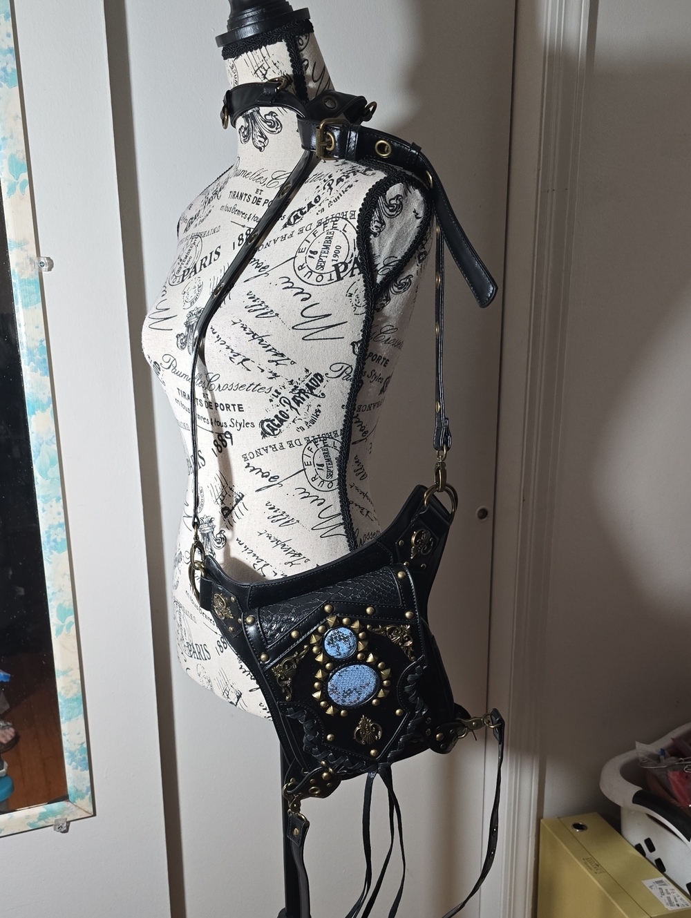 Black Faux Leather Crossbody Hip Harness Bag with Faux Turquoise Accents